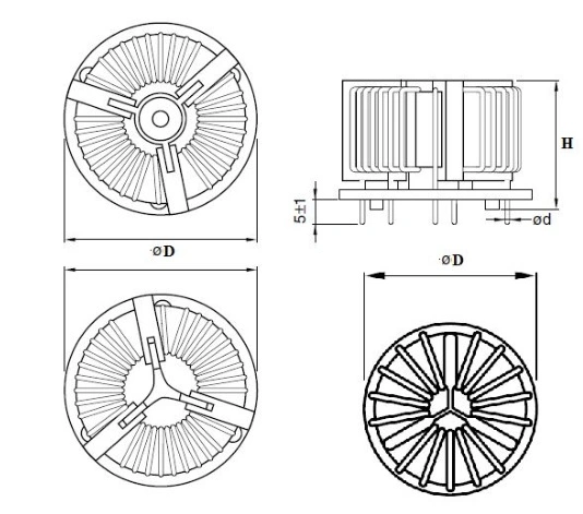 Coils d'étranglement à trois phases horizontales en mode commun avec enroulement vertical en fil plat