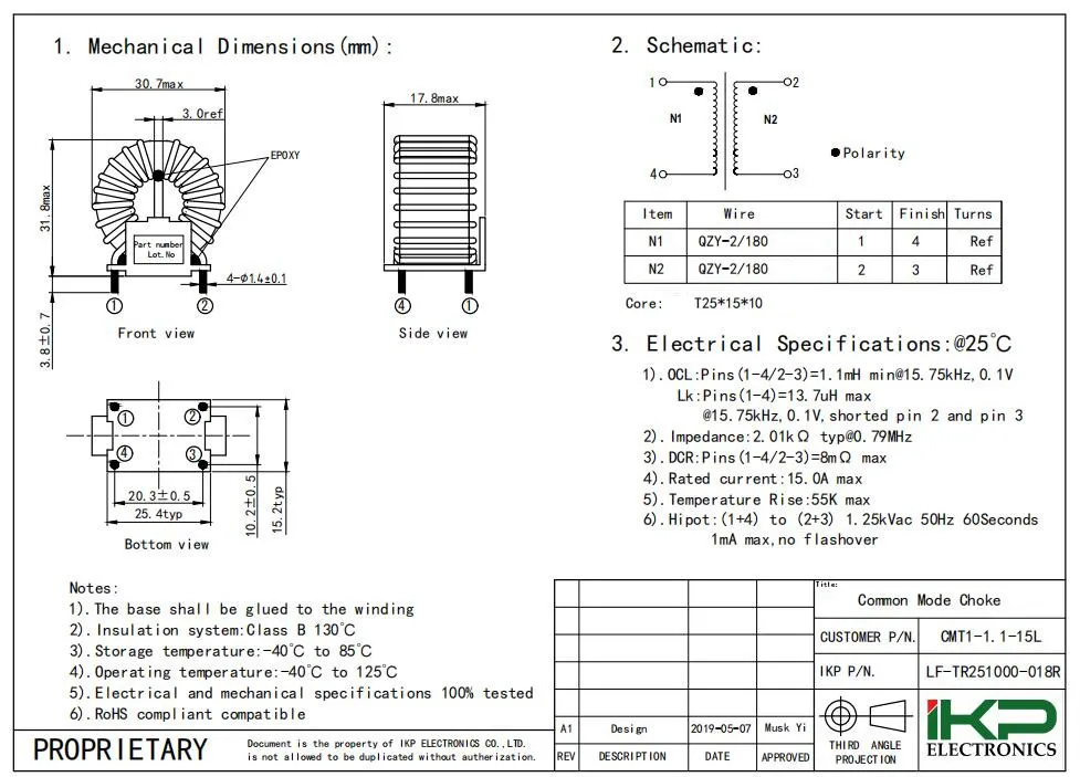 1.1mh Inducteur d'étouffement en mode commun pour pièces de moto