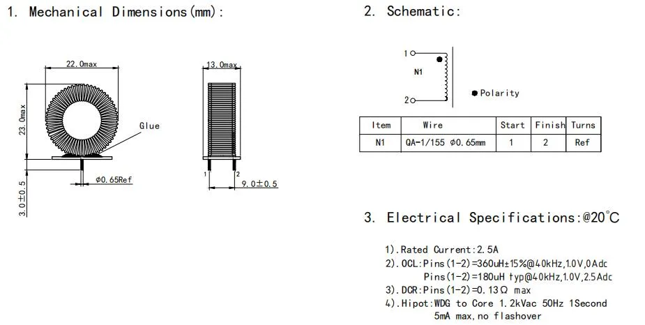 2.5A Inducteur d'étouffement en mode commun à entrée de courant nominal pour contrôleur de moteur de PCB