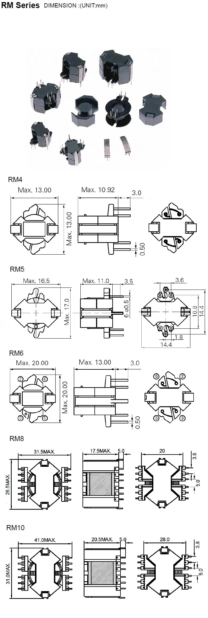 Transformateur haute fr&eacute;quence de type RM8 pour c&oelig;ur PC40/44/95